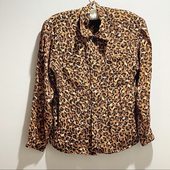 Vintage ANNE KLEIN 80s Animal Print Cheetah Button Up Blouse Shoulder Pads Sz 4 - Picture 1 of 7
